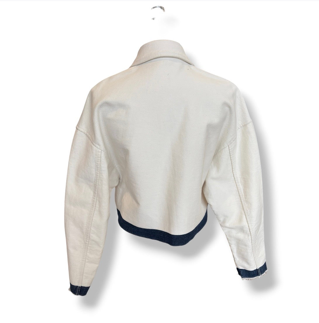 PRADA JACKET LADY' S WHITE STAIN CROPPED LOGO-PLAQUE DENIM GFB267 RANK (B)