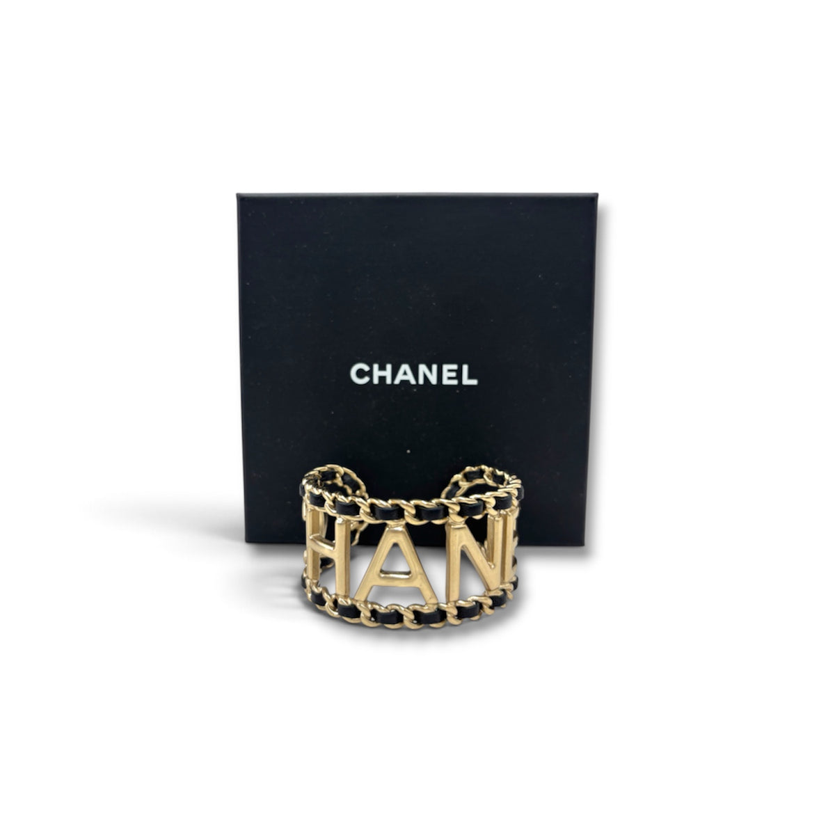 CHANEL BRACELET BANGLE GOLD/BLACK CHAIN CUFF RANK (B)