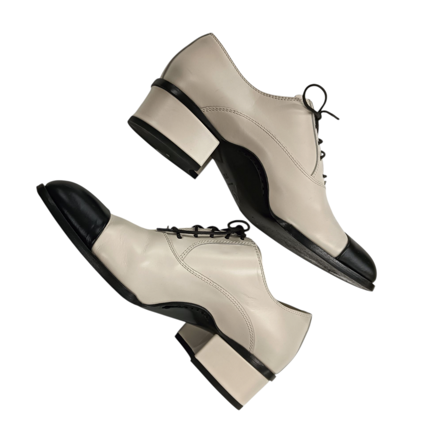 CHANEL Lace Up Shoes Lady's Size 37 1/2C Beige/Black G39008