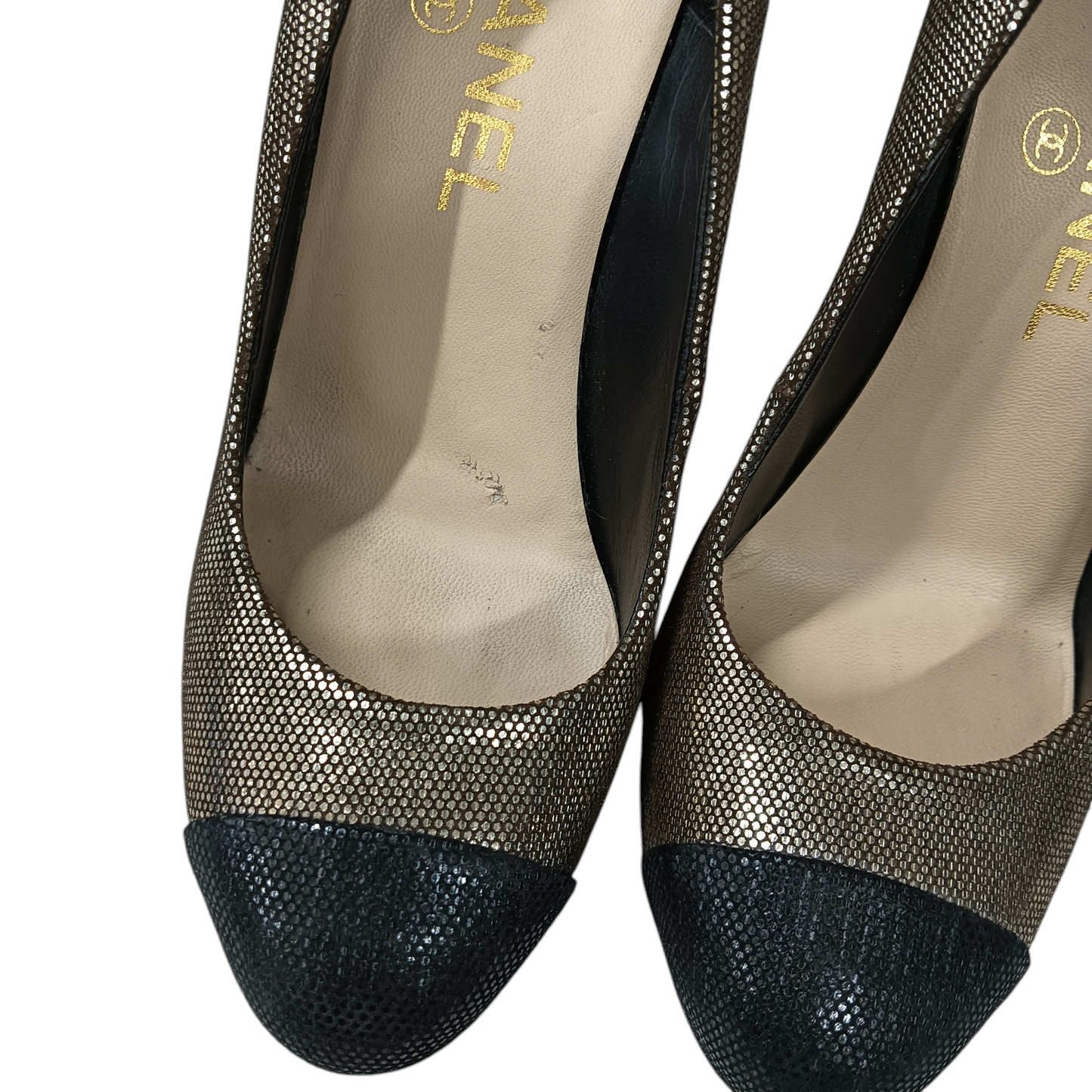 CHANEL HEEL PUMPS LADY'S SIZE 37 1/2 BLACK/GOLD G28289