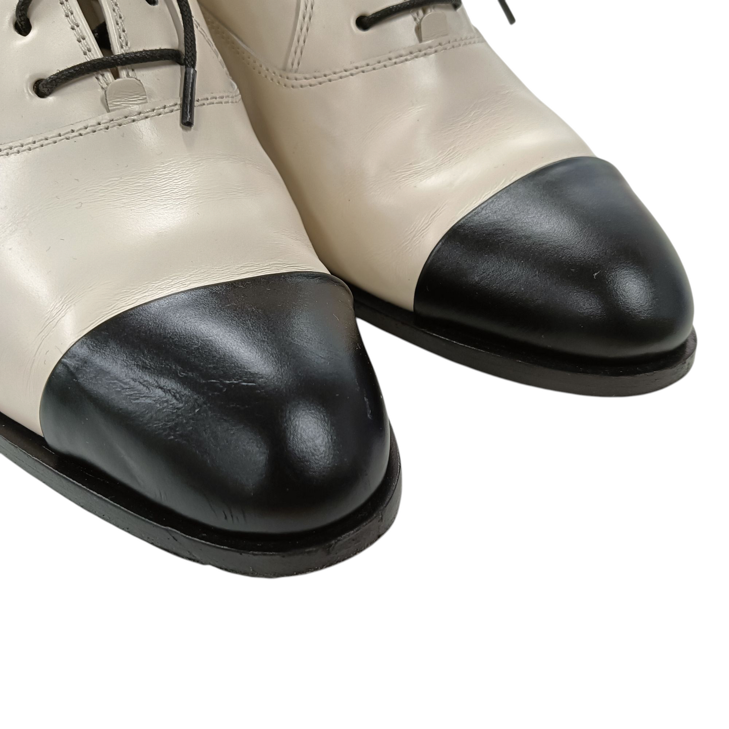 CHANEL Lace Up Shoes Lady's Size 37 1/2C Beige/Black G39008