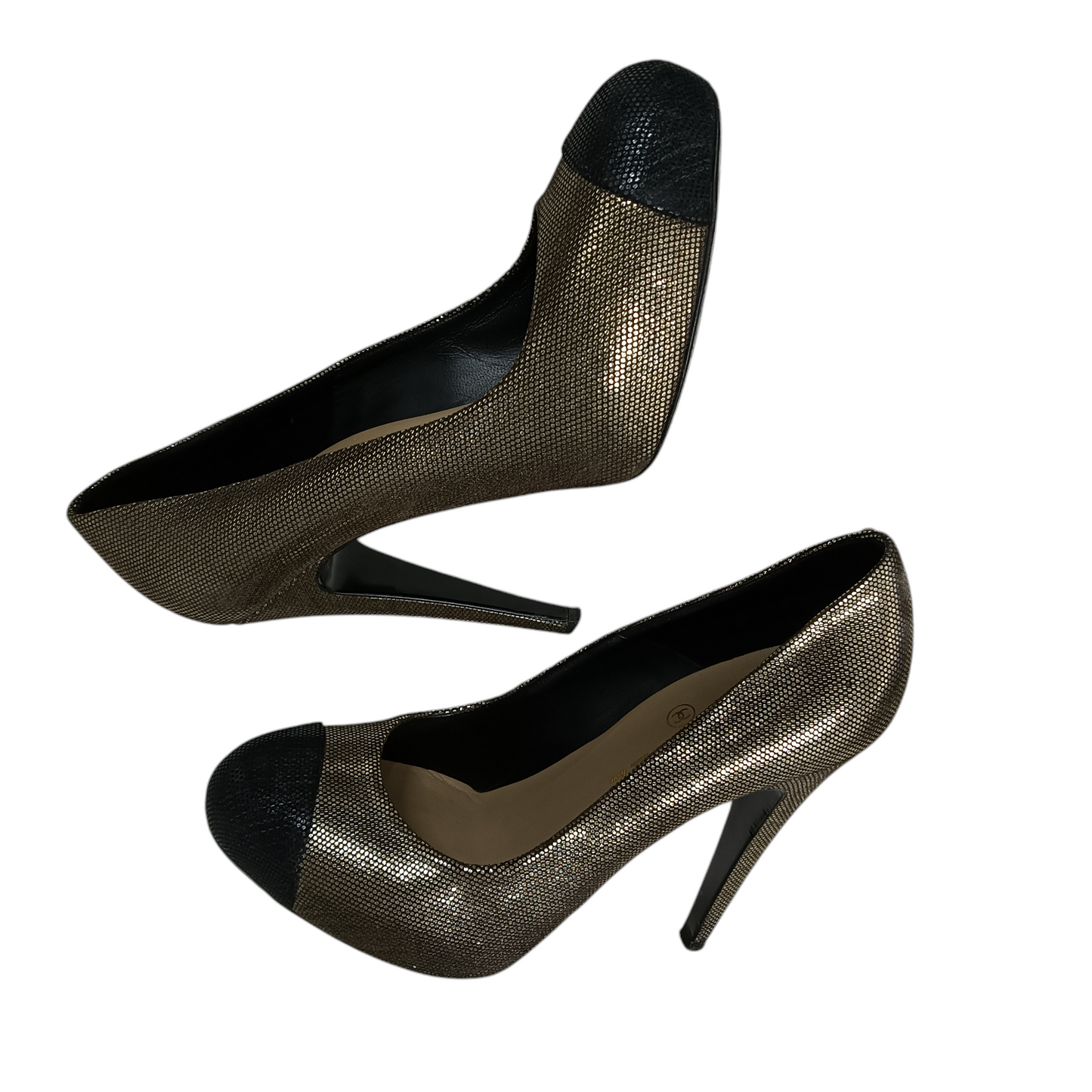CHANEL HEEL PUMPS LADY'S SIZE 37 1/2 BLACK/GOLD G28289