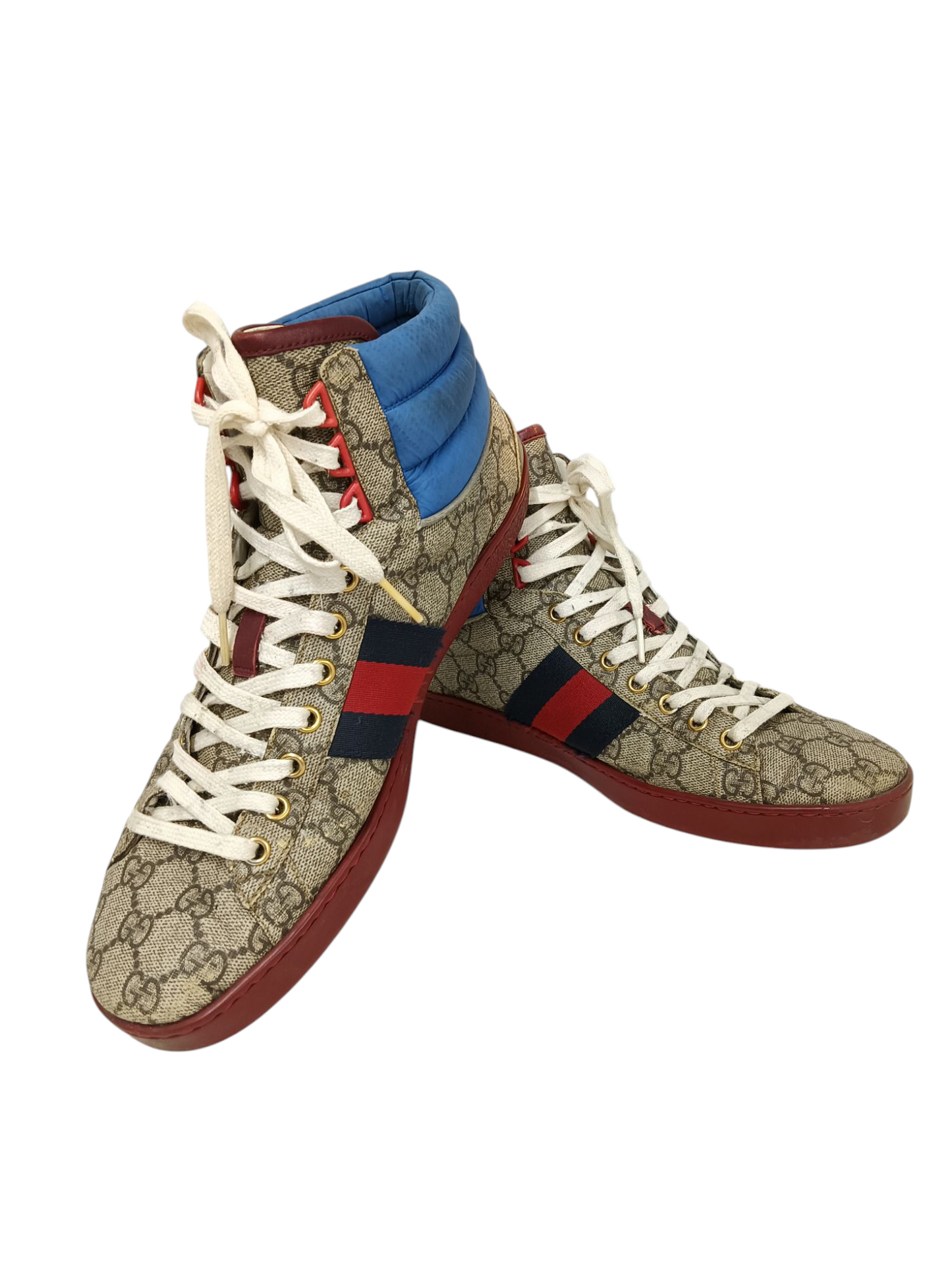GUCCI High Cut Sneaker Size 8 1/2 555144 Mens Brown/Navy/Red