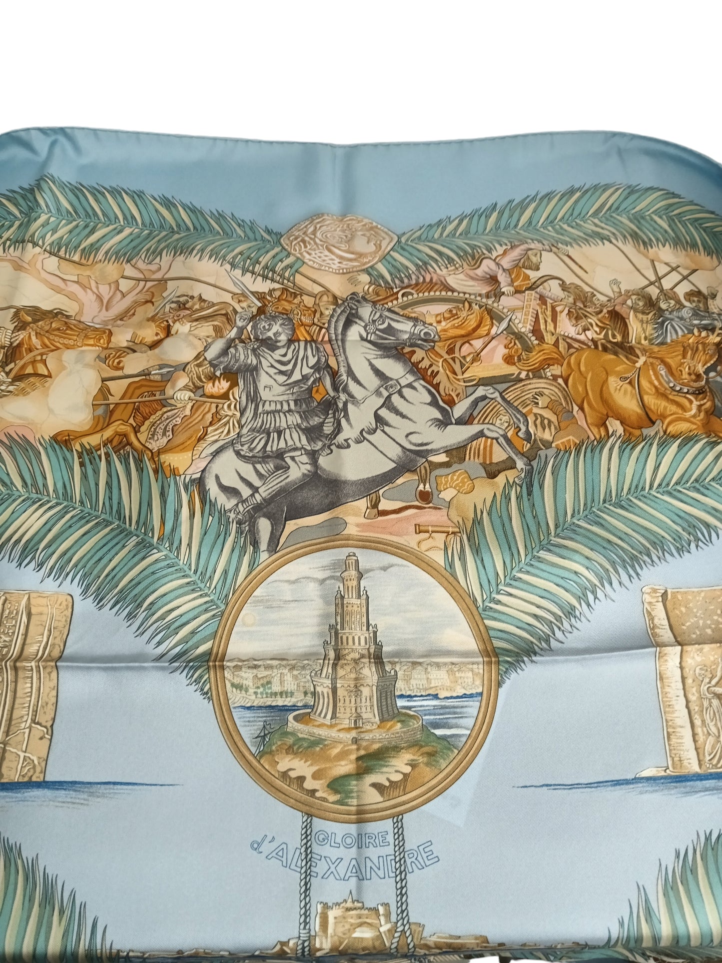 HERMES SCARF GIOIRE D'ALEXANDRE CARRE 90 LIGHT GRAY STAIN