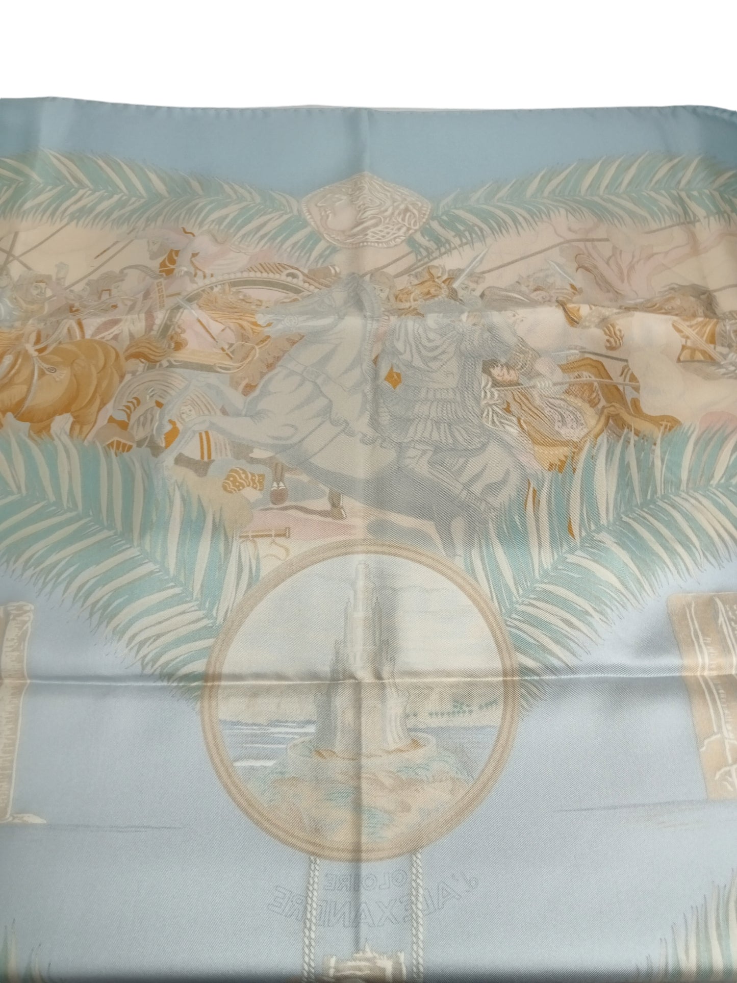 HERMES SCARF GIOIRE D'ALEXANDRE CARRE 90 LIGHT GRAY STAIN