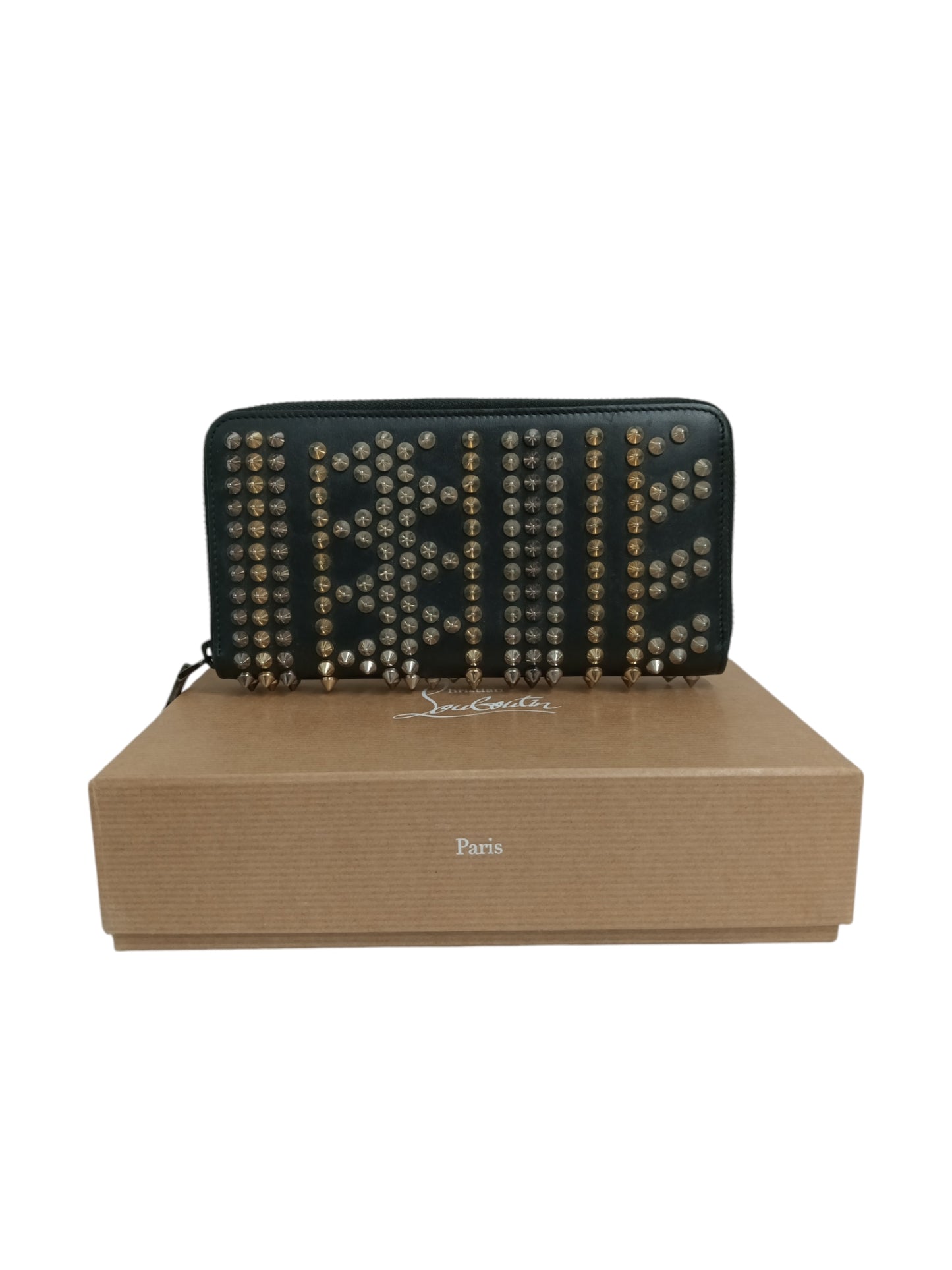 CHRISTIAN LOUBOUTIN LONG WALLET BLACK ROUND ZIP STUDS PANETTONE