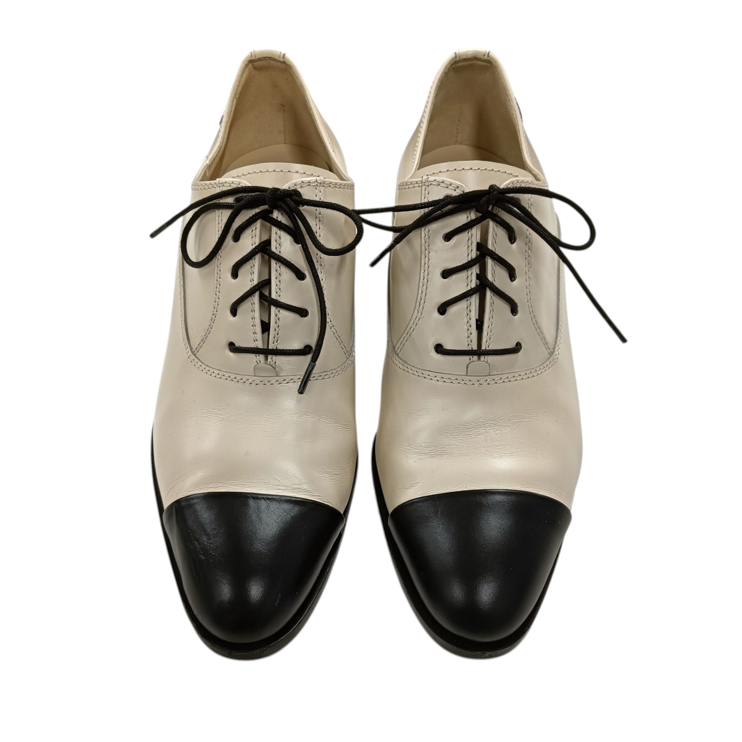 CHANEL Lace Up Shoes Lady's Size 37 1/2C Beige/Black G39008