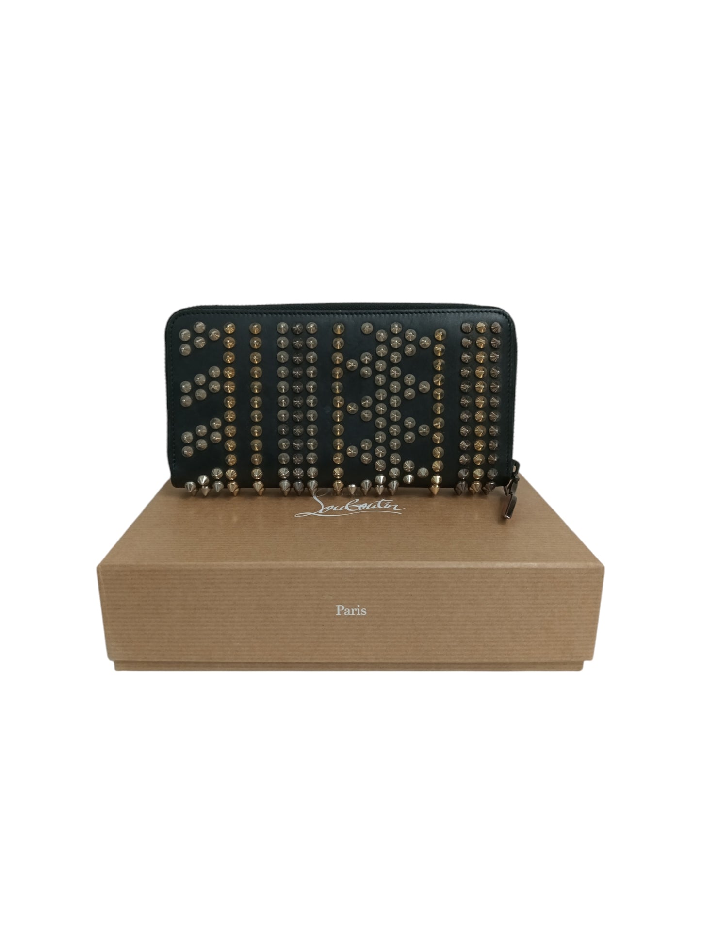 CHRISTIAN LOUBOUTIN LONG WALLET BLACK ROUND ZIP STUDS PANETTONE