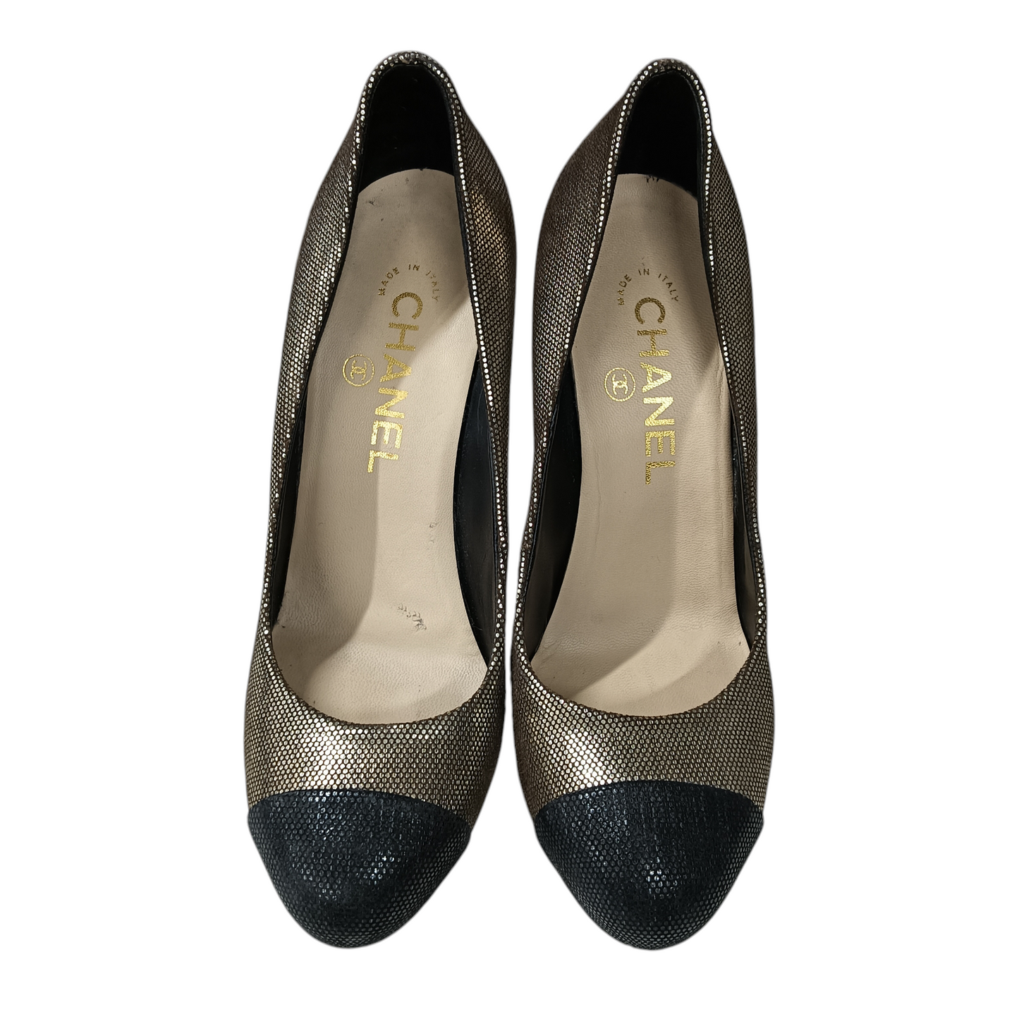 CHANEL HEEL PUMPS LADY'S SIZE 37 1/2 BLACK/GOLD G28289