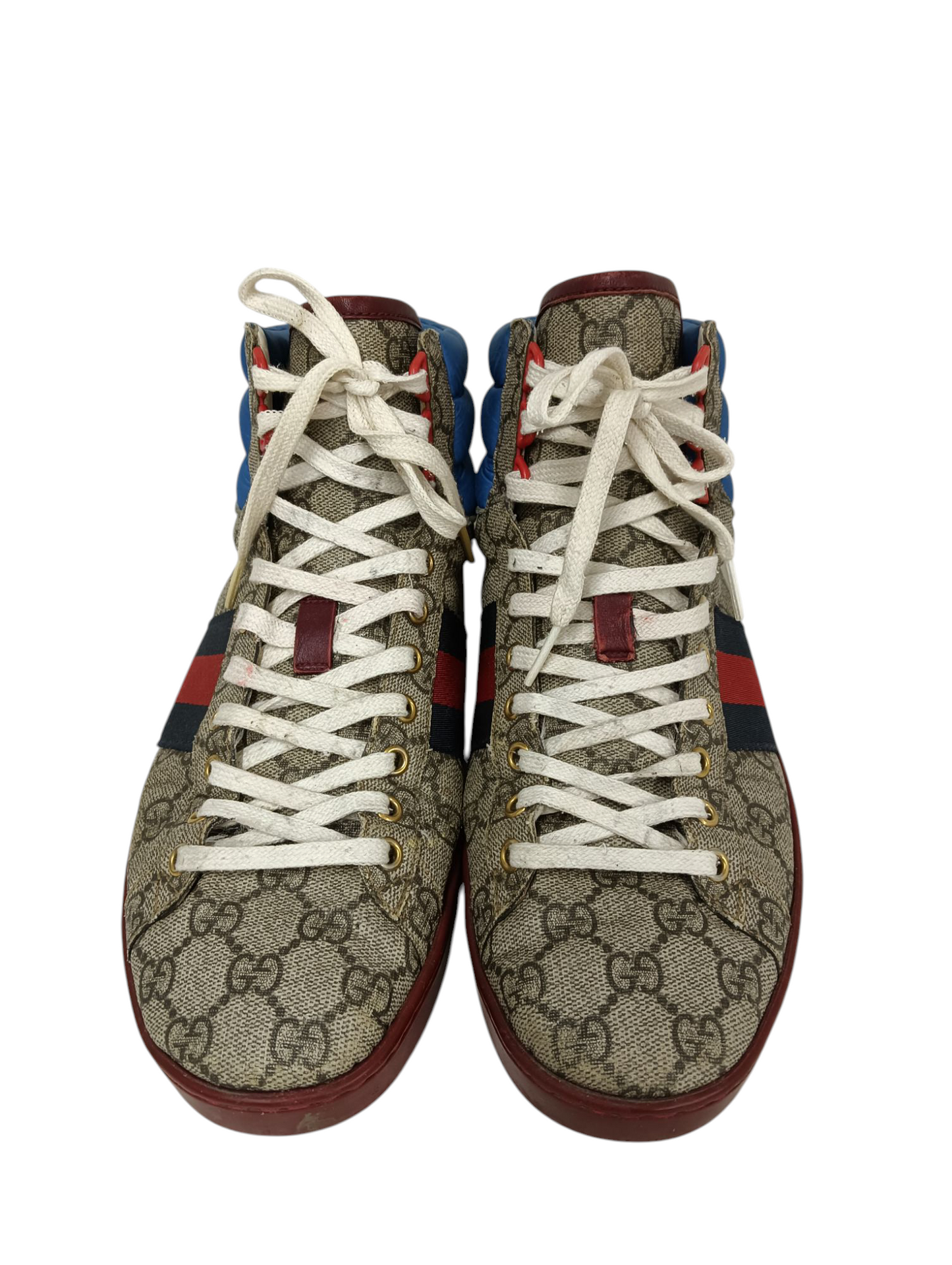 GUCCI High Cut Sneaker Size 8 1/2 555144 Mens Brown/Navy/Red
