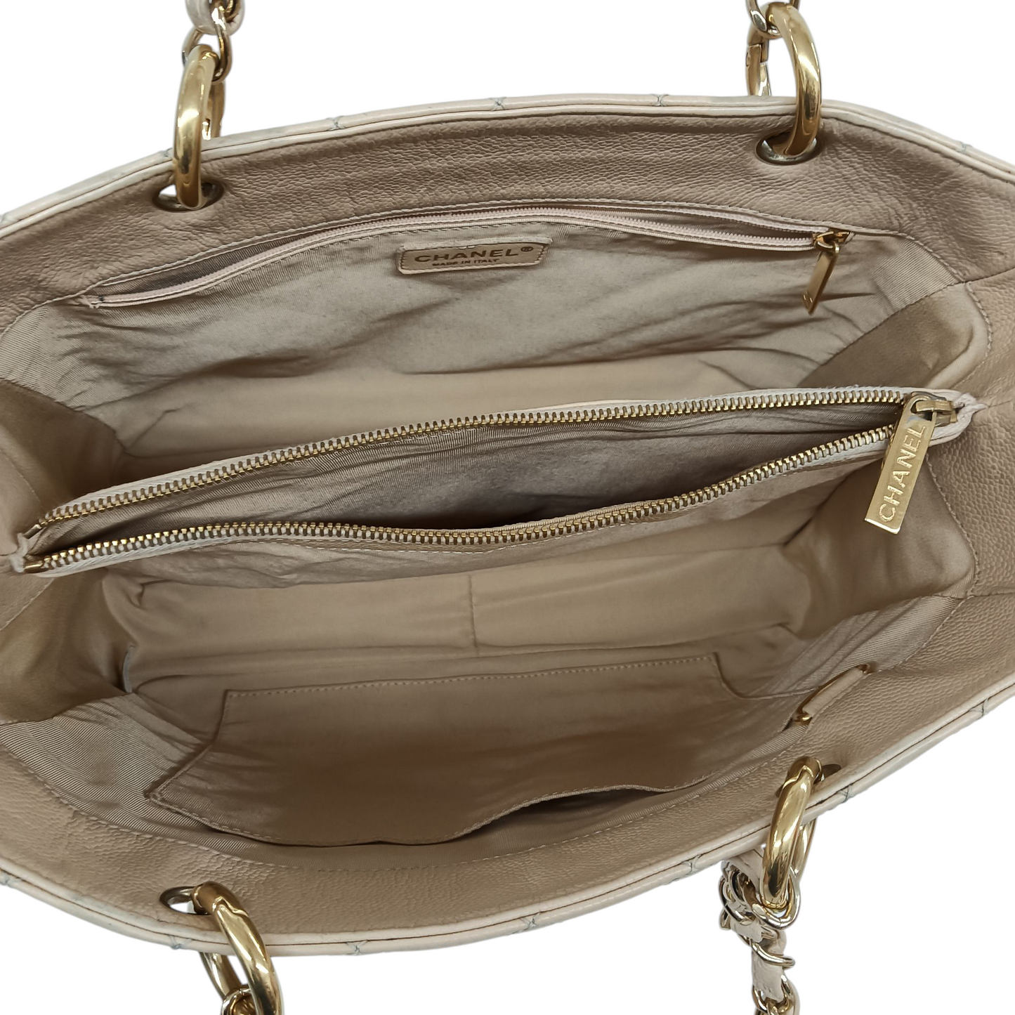 CHANEL Caviar Grand Shopping Tote Bag Matelasse A50995 Rank(B) Beige Stain 12729186 GST