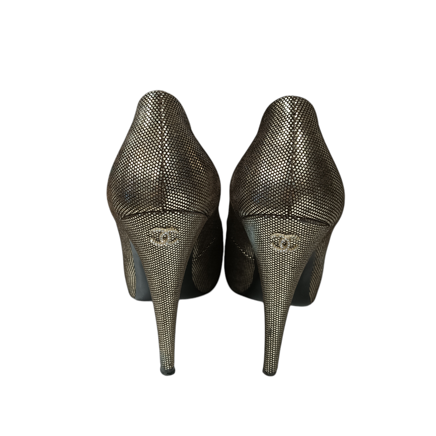 CHANEL HEEL PUMPS LADY'S SIZE 37 1/2 BLACK/GOLD G28289