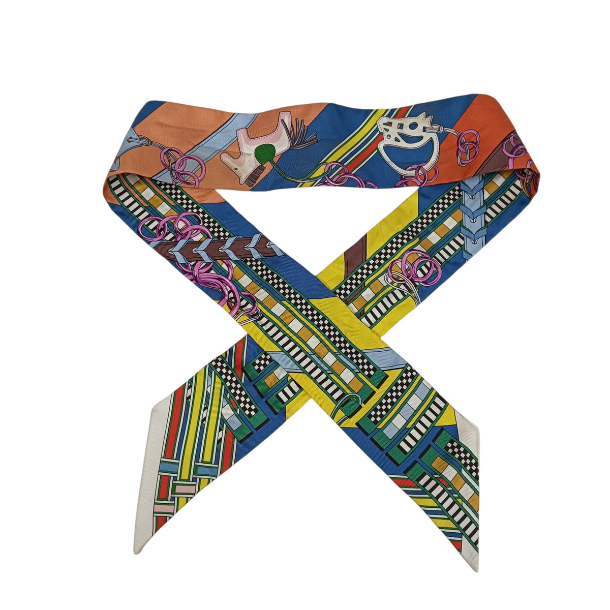 HERMES Scarf Twilly Blue/Yellow/Multi color **Stain Bdrides et Gris Gris