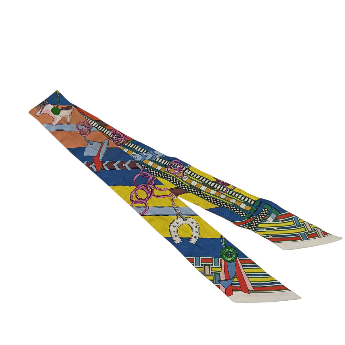 HERMES Scarf Twilly Blue/Yellow/Multi color **Stain Bdrides et Gris Gris