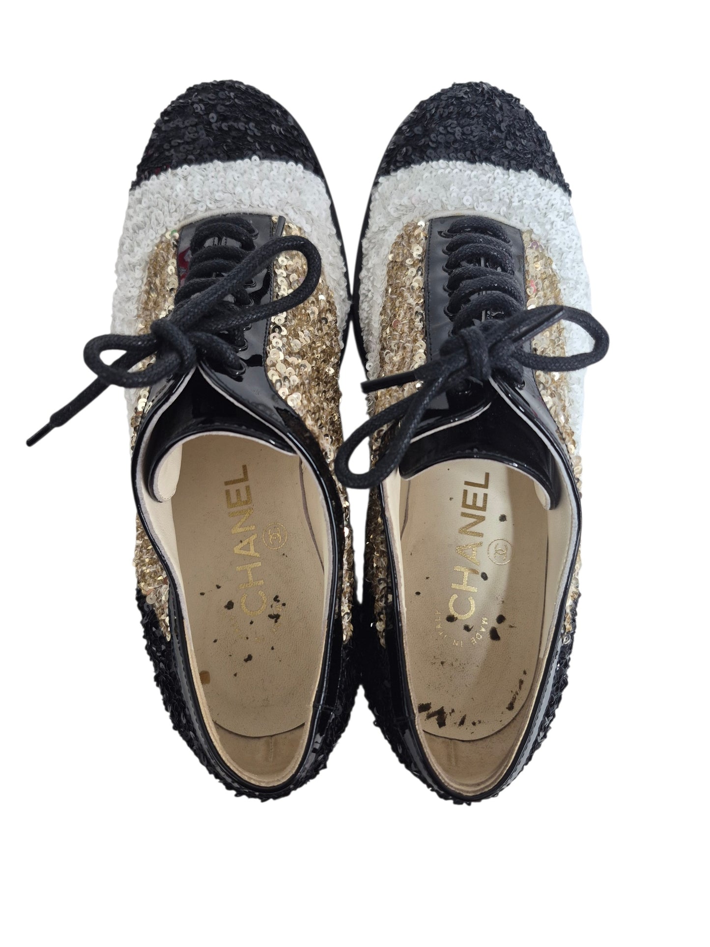 CHANEL Shoes 38.5 Lady's Khaki / White / Black Stain G36208