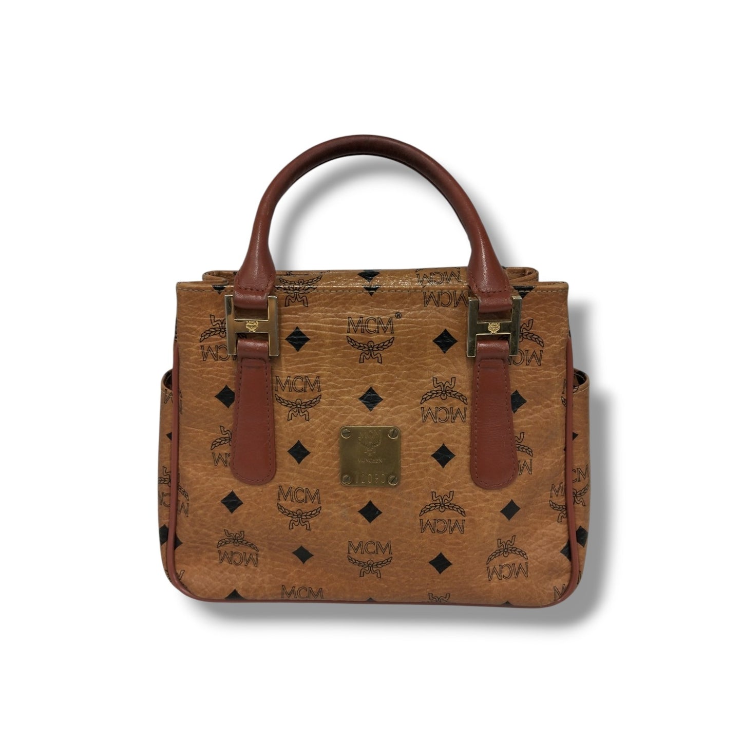 MCM HANDBAG BROWN RANK (B) STAIN/DAMAGE *LOGO AND STRAP DAMAGE