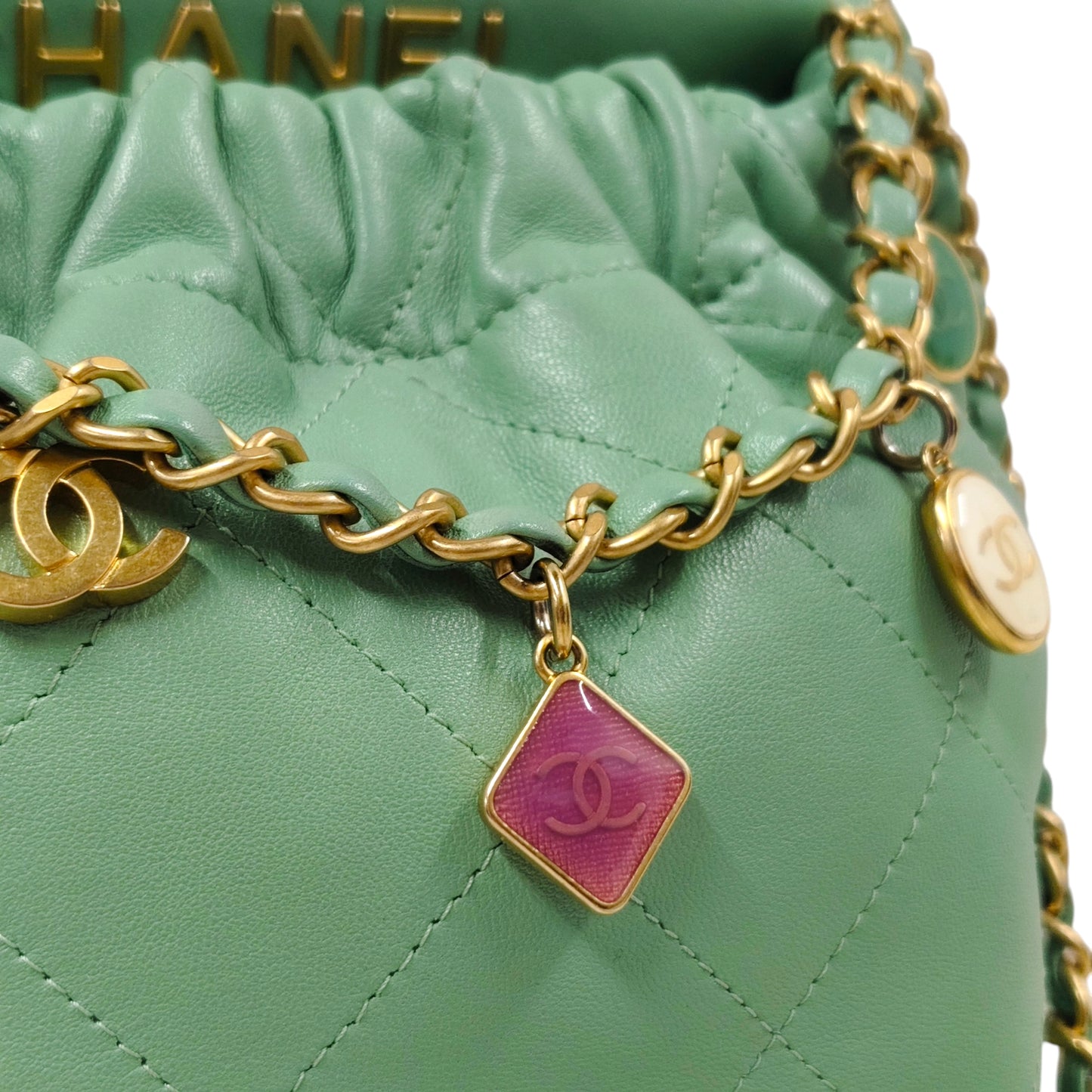 CHANEL Shoulder Bag Lambskin Bucket Green X3TJT9JC Rank B