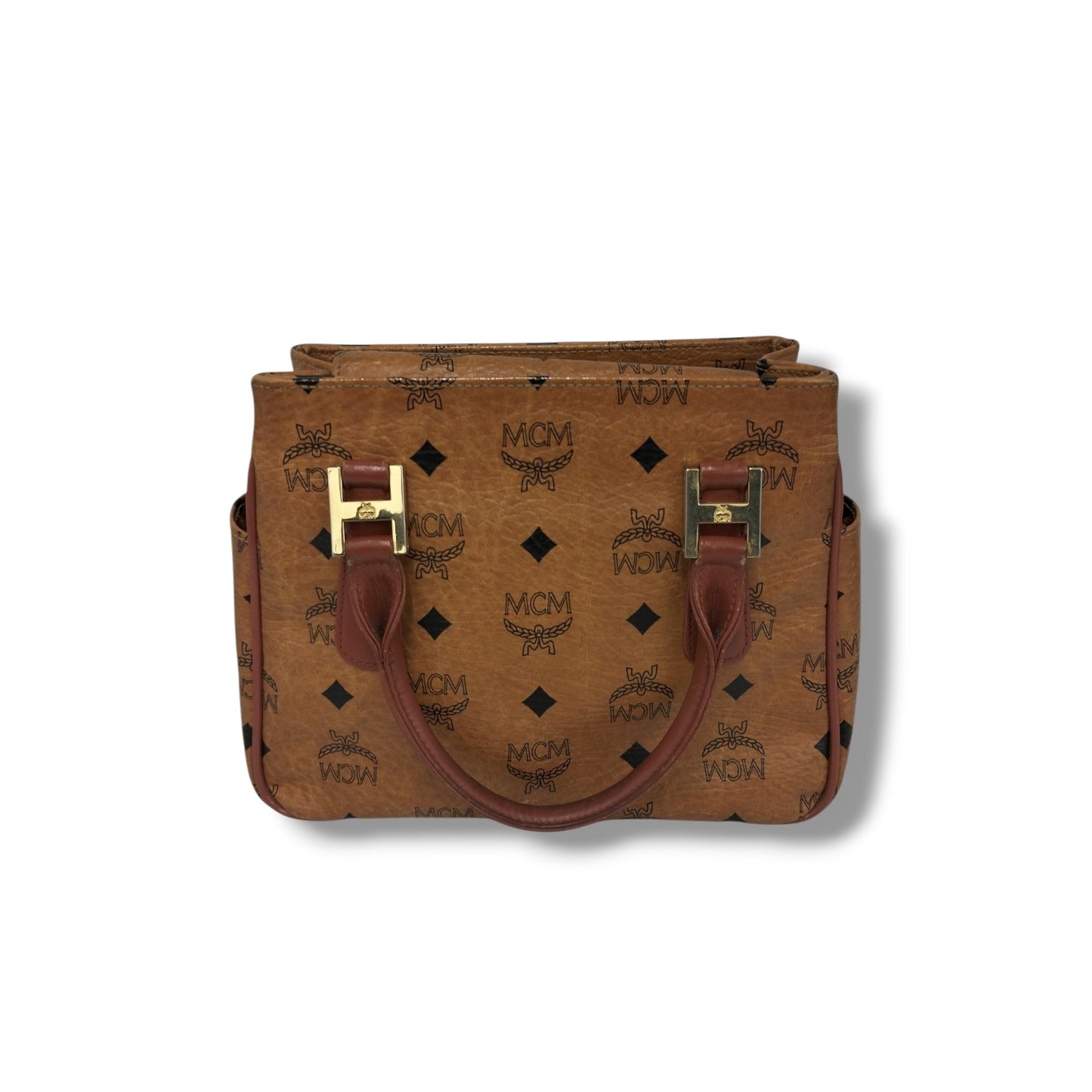 MCM HANDBAG BROWN RANK (B) STAIN/DAMAGE *LOGO AND STRAP DAMAGE