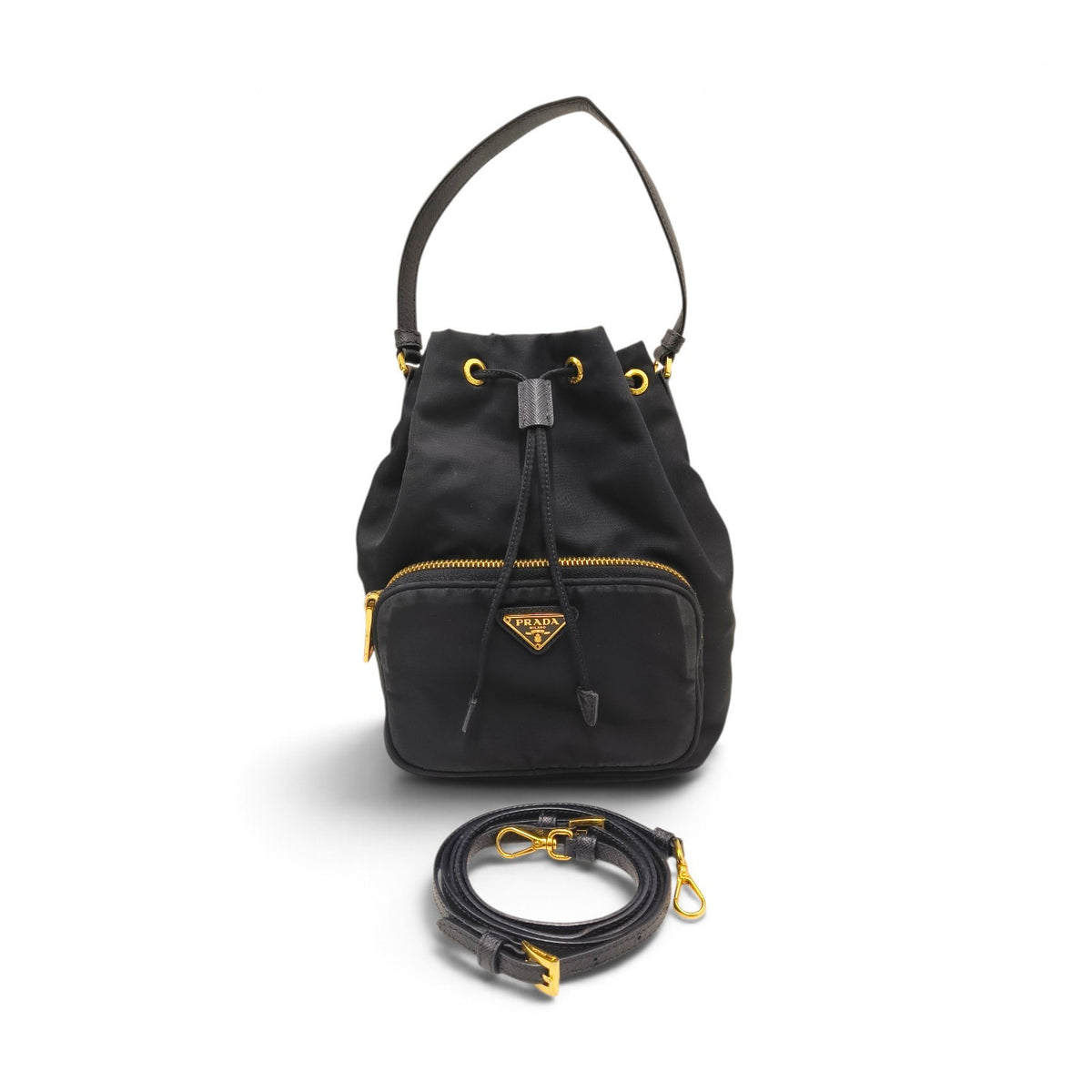 PRADA 2WAY Bag 1BH038 Black And Gold 42 Duet Re-Nylon bucket Rank B