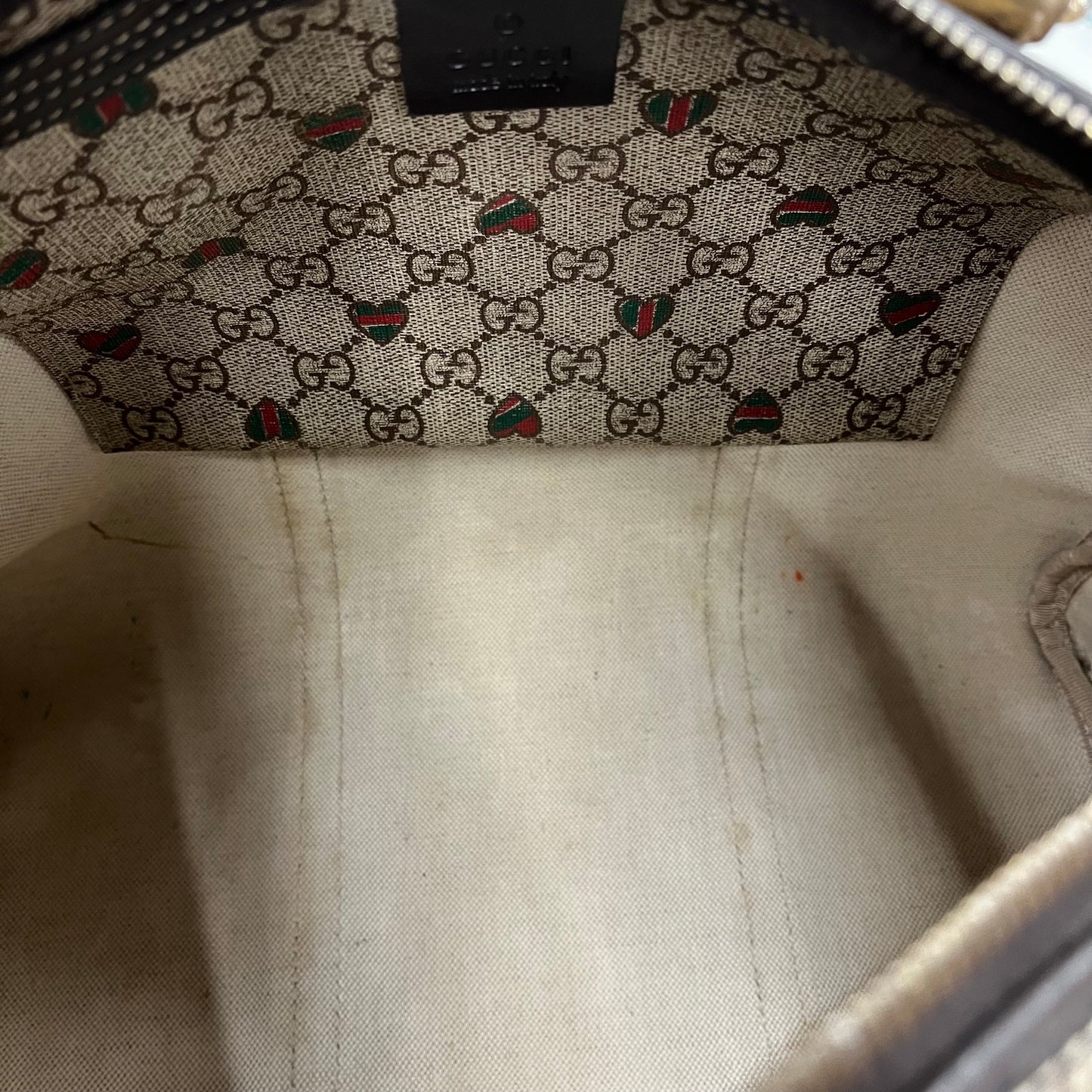 GUCCI Boston Bag 193603 Rank(B) Light Brown Serial Damage GG Canvas With Heart