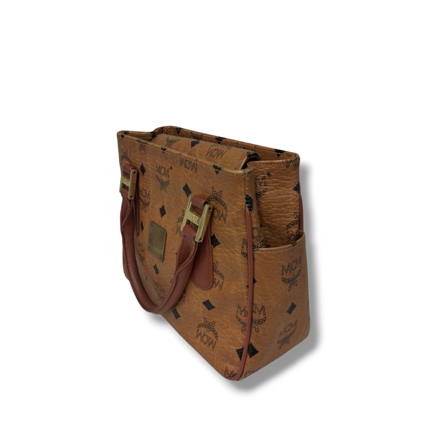 MCM HANDBAG BROWN RANK (B) STAIN/DAMAGE *LOGO AND STRAP DAMAGE