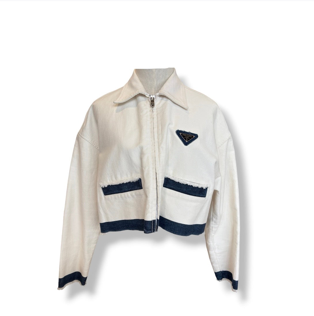 PRADA JACKET LADY' S WHITE STAIN CROPPED LOGO-PLAQUE DENIM GFB267 RANK (B)