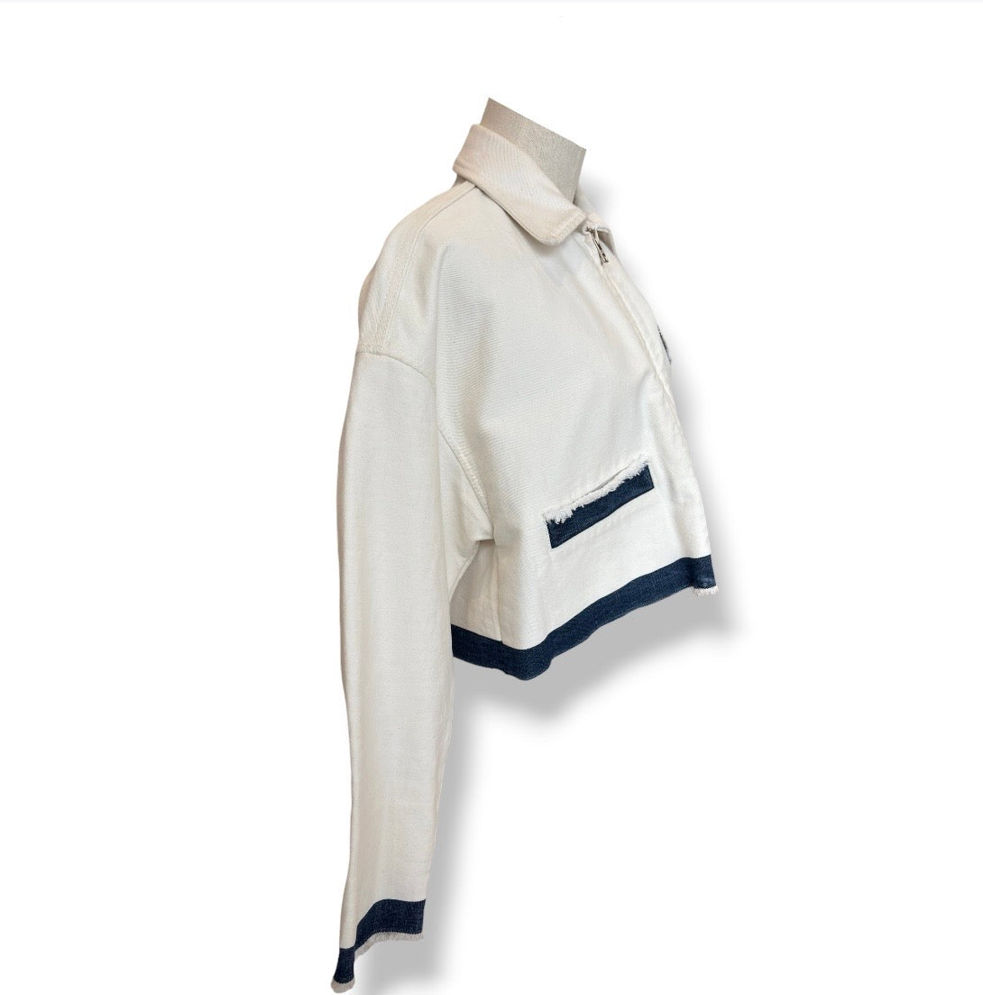 PRADA JACKET LADY' S WHITE STAIN CROPPED LOGO-PLAQUE DENIM GFB267 RANK (B)
