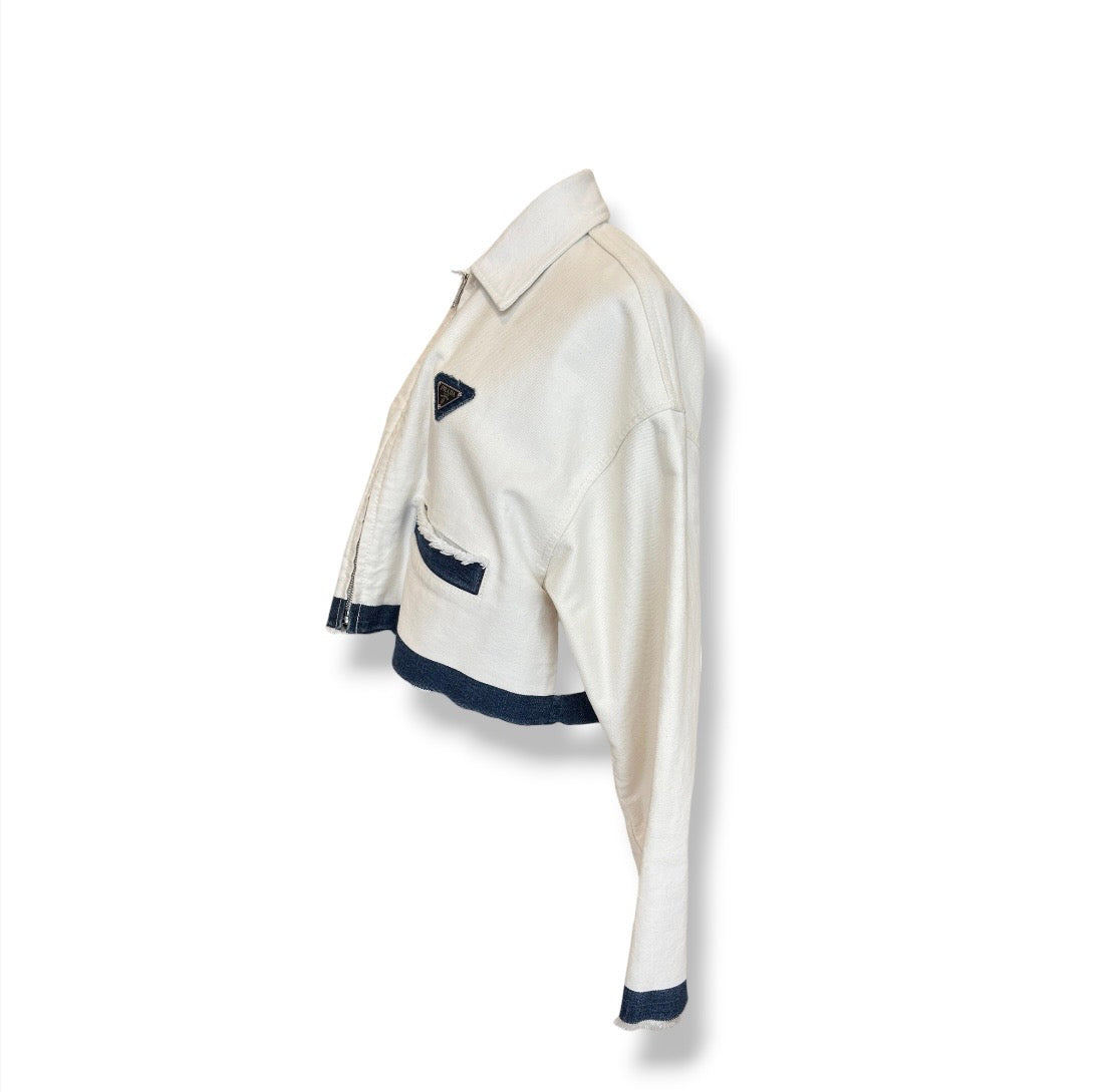 PRADA JACKET LADY' S WHITE STAIN CROPPED LOGO-PLAQUE DENIM GFB267 RANK (B)