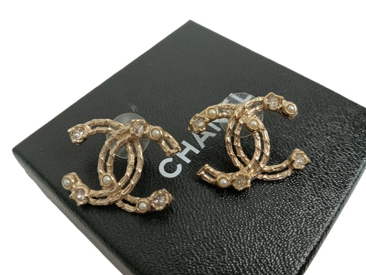 Earring CHANEL Rank (A) Gold B19-C Coco Line Stone