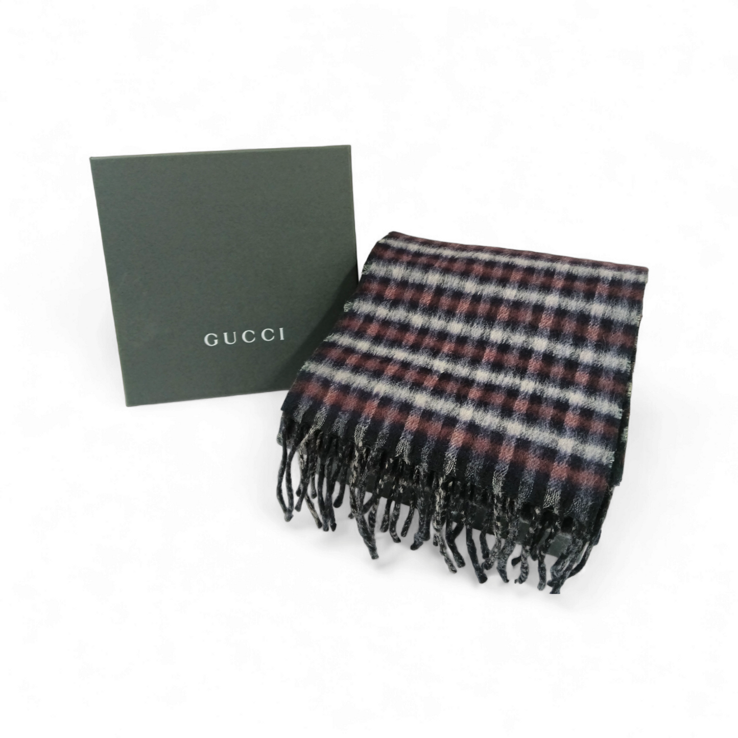 GUCCI Muffler 429736 Gray/Navy/Red Wool 100% Rank A