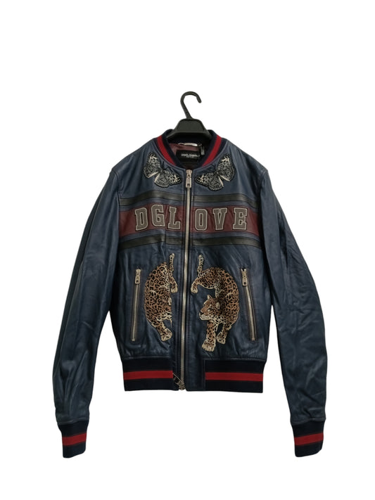 DOLCE&GABBANA LEATHER JACKET 50 MENS NAVY G9JX7Z/FULZT *LOGO DAMAGE