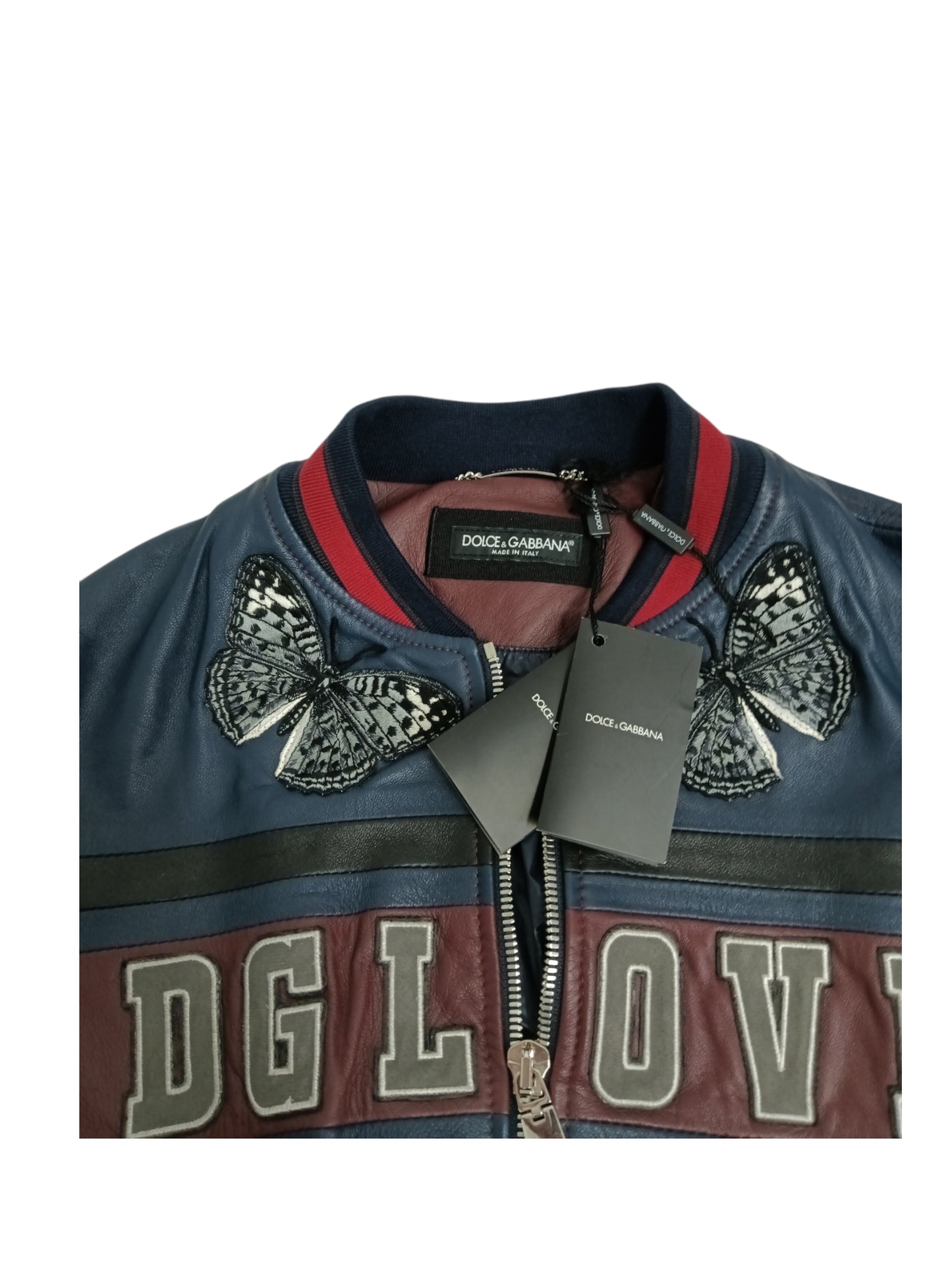 DOLCE&GABBANA LEATHER JACKET 50 MENS NAVY G9JX7Z/FULZT *LOGO DAMAGE