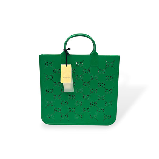 GUCCI Handbag 679365 Green *Rubber Crack GG Rubber Tote Rank (B)