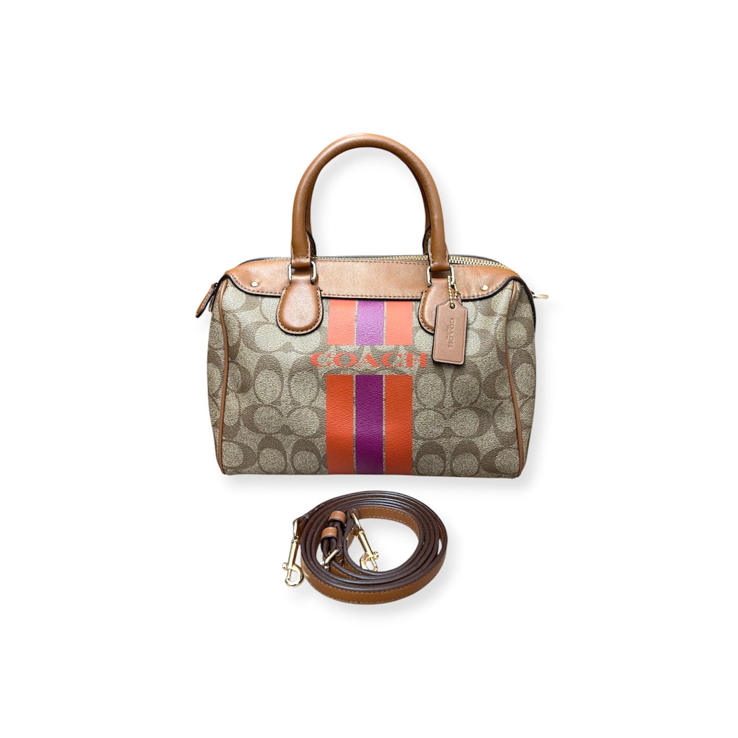 COACH 2WAY Bag F38401  Beige And Light Brown Varsity Stripe Mini Bennett Satchel Rank (A)