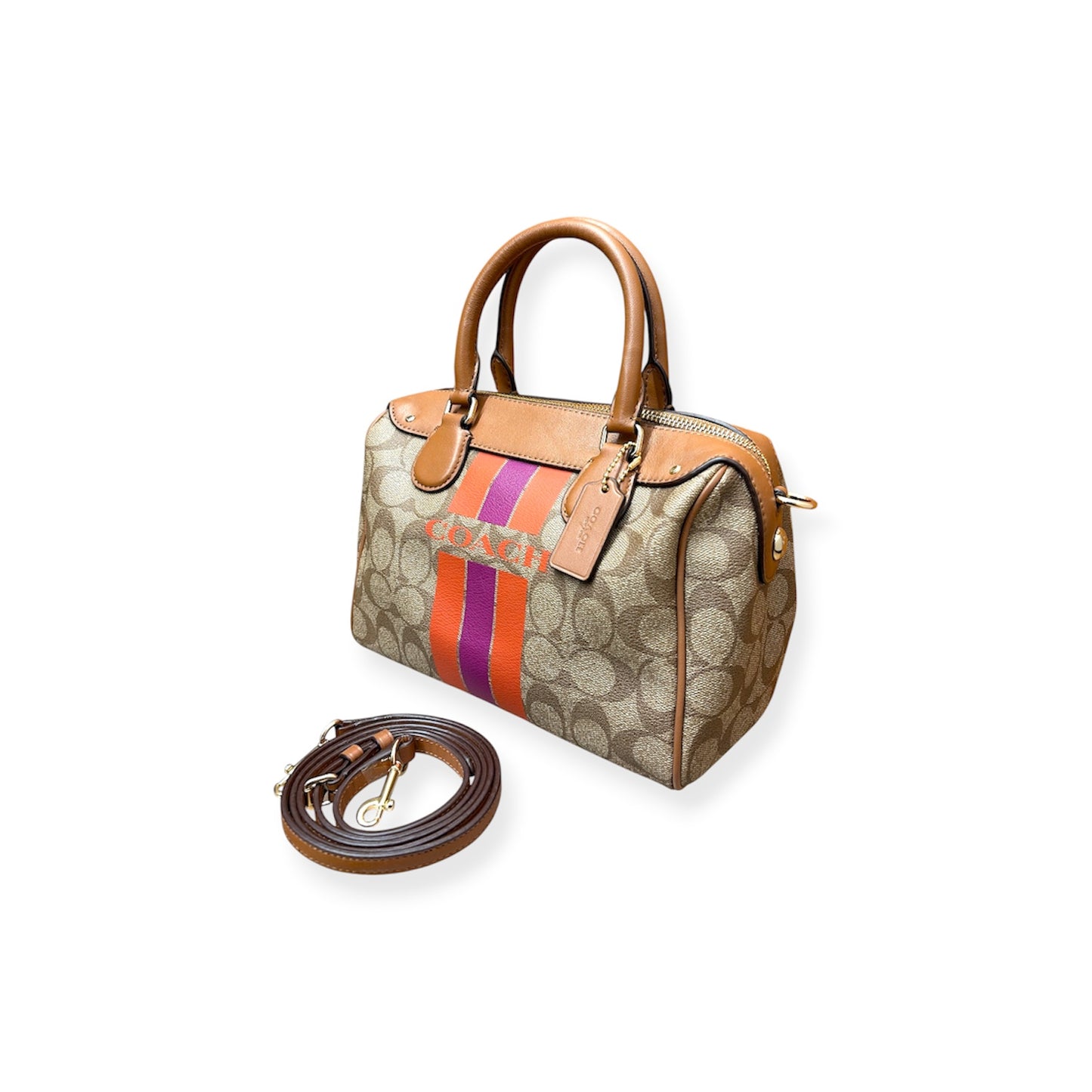 COACH 2WAY Bag F38401  Beige And Light Brown Varsity Stripe Mini Bennett Satchel Rank (A)