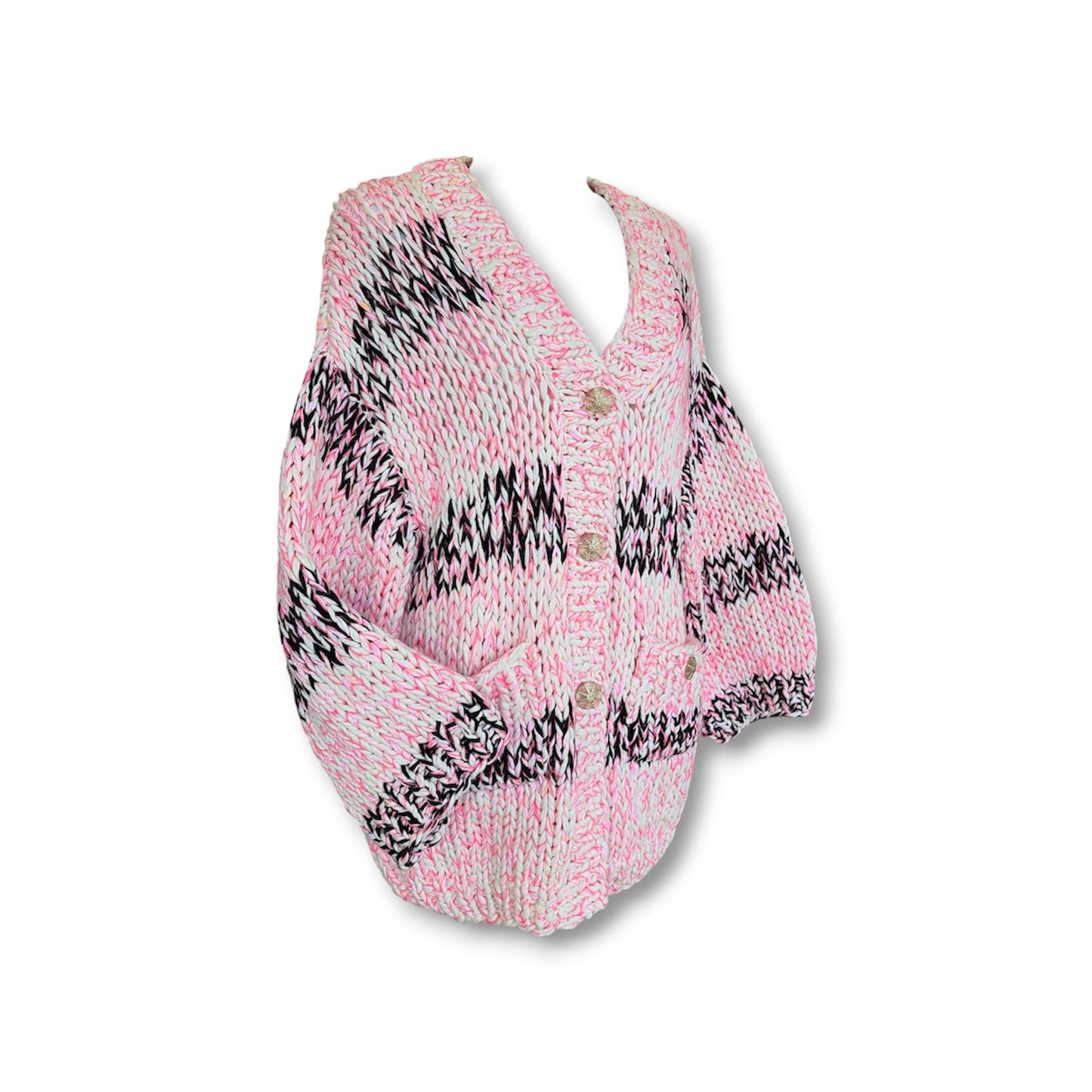 CHANEL Cashmere Blend Cardigan 34 Lady's Pink And Black P64378K60241 *Stain* Rank (B)