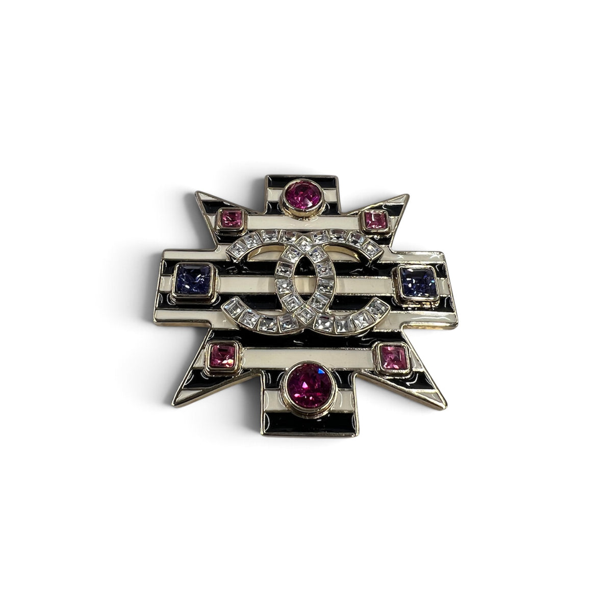 CHANEL CoCo Mark Brooch Black/White Line Stone B18A