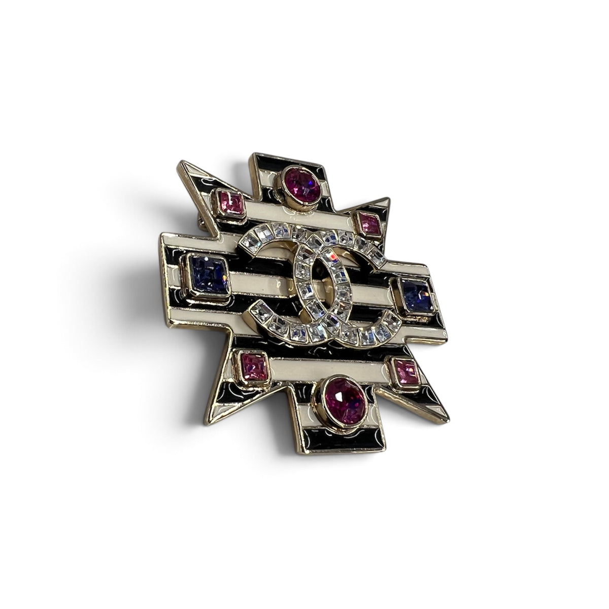 CHANEL CoCo Mark Brooch Black/White Line Stone B18A