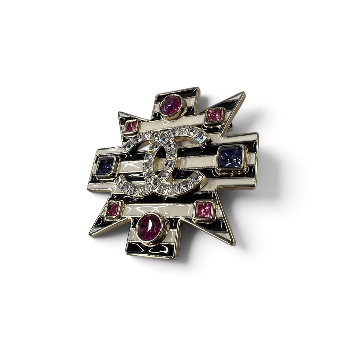 CHANEL CoCo Mark Brooch Black/White Line Stone B18A