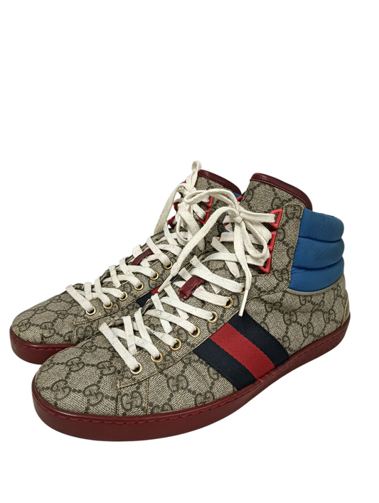 GUCCI High Cut Sneaker Size 8 1/2 555144 Mens Brown/Navy/Red