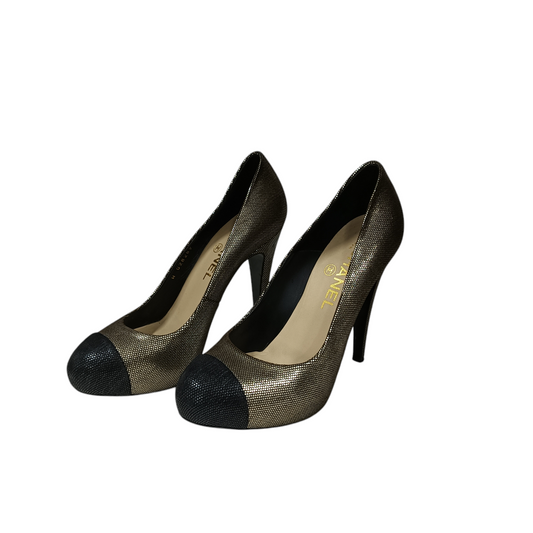 CHANEL HEEL PUMPS LADY'S SIZE 37 1/2 BLACK/GOLD G28289