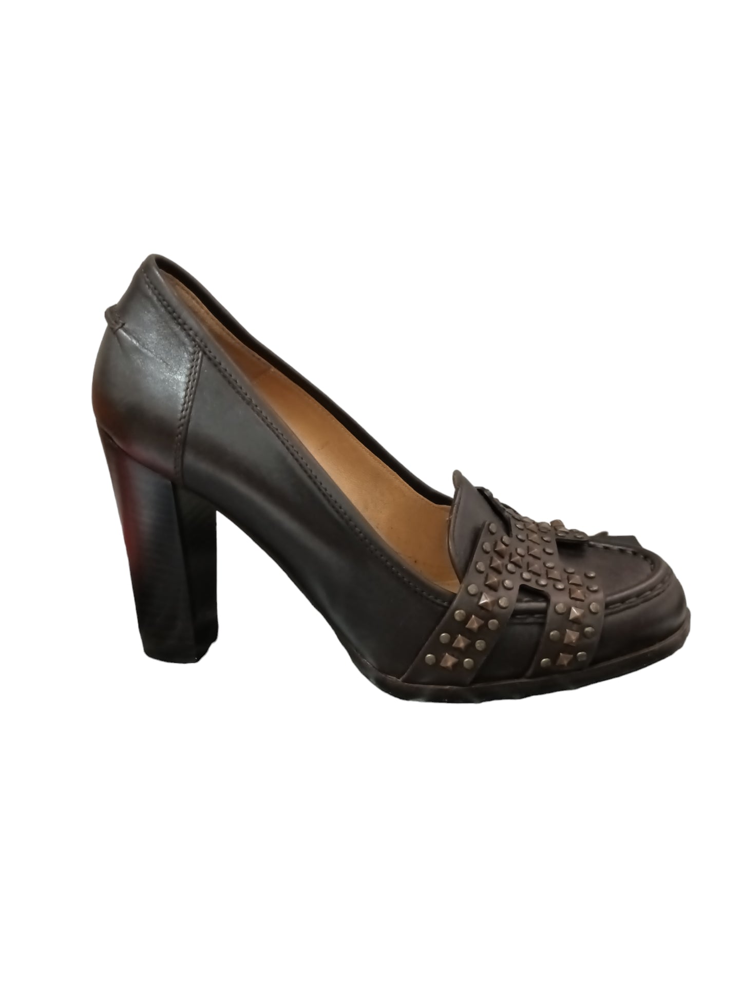 HERMES PUMPS LADY'S BROWN STUDS LOGO SIZE 37