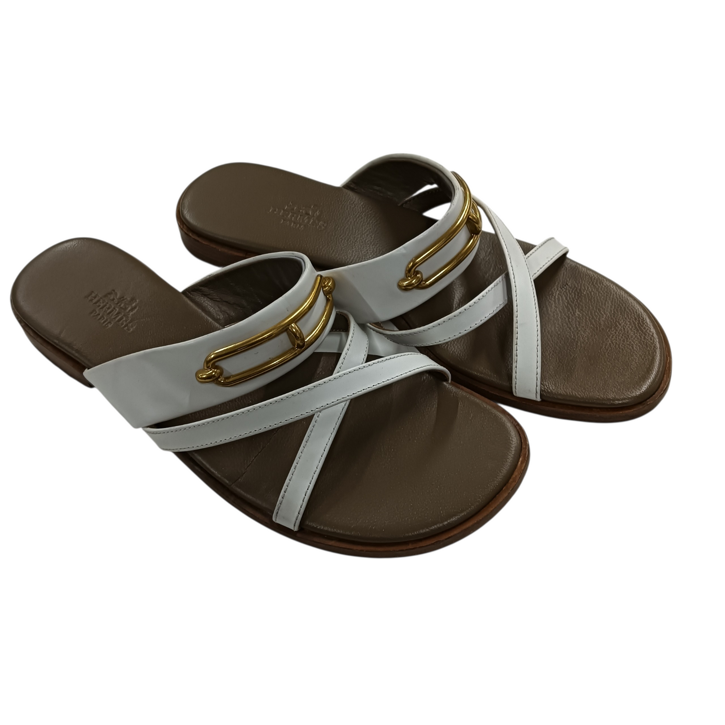 HERMES Sandal Claire en Cuir Blanc  CM211039Z2009 White/Brown