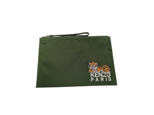 KENZO POUCH GREEN TIGER EMBROIDERY RANK B