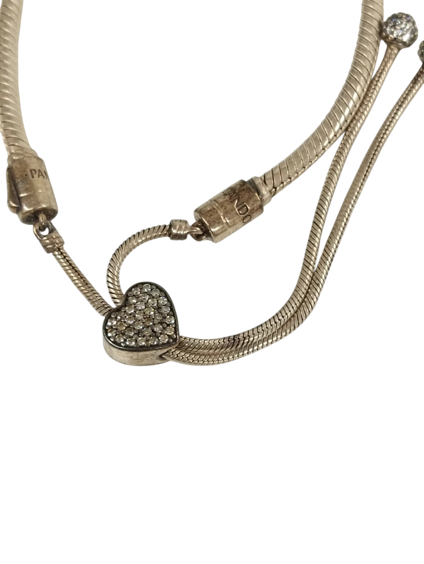 PANDORA Bracelet Silver Moments Pave Heart Clasp Snake Chain Slider