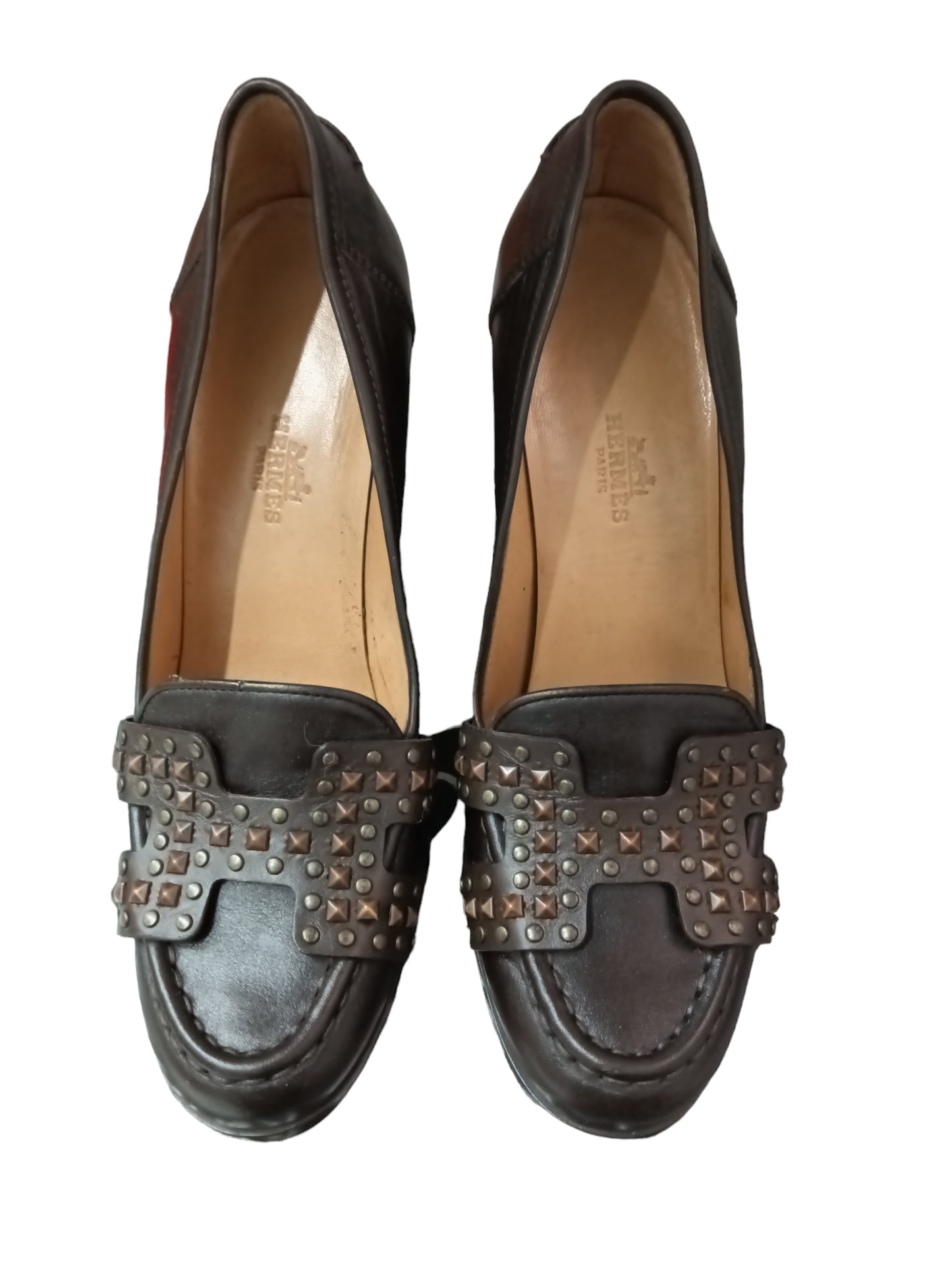 HERMES PUMPS LADY'S BROWN STUDS LOGO SIZE 37