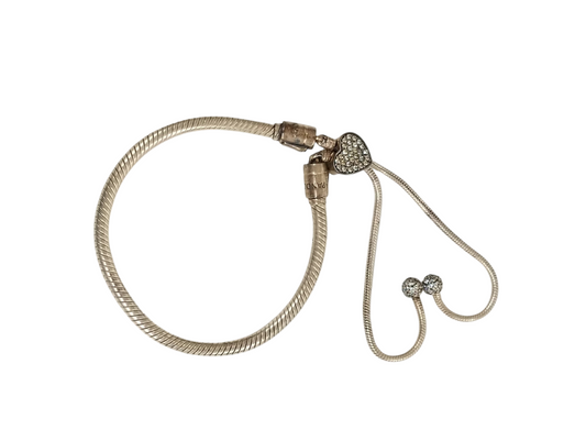 PANDORA Bracelet Silver Moments Pave Heart Clasp Snake Chain Slider
