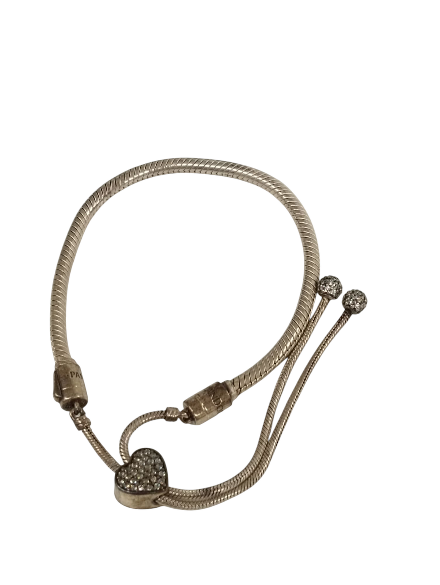 PANDORA Bracelet Silver Moments Pave Heart Clasp Snake Chain Slider