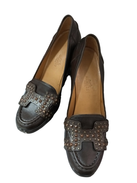 HERMES PUMPS LADY'S BROWN STUDS LOGO SIZE 37